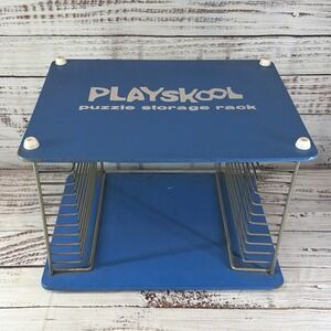 Vintage Playskool Wood Metal Blue Puzzle Storage Rack Holds 12 Tray Puzzles